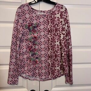 Sundance Long Sleeve Embroidered Patchwork Print Top, Women's Size L